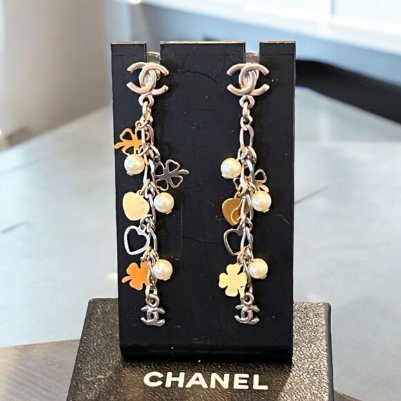 CHANEL 
Pearl CC Charm Chain Drop Earrings Silver Gold - Picture 1 of 7